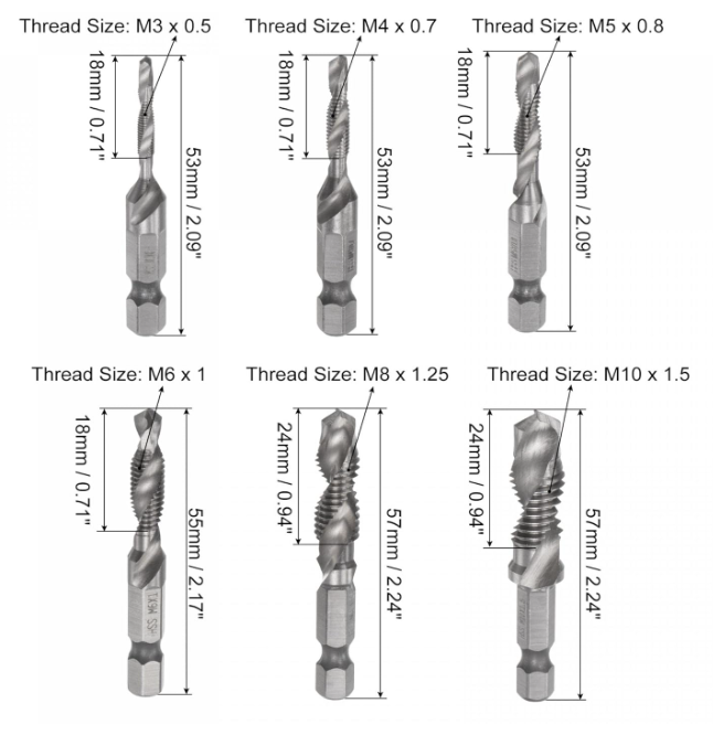 Ensemble de 6 forets et de tarauds combinés M3 M4 M5 M6 M8 M10