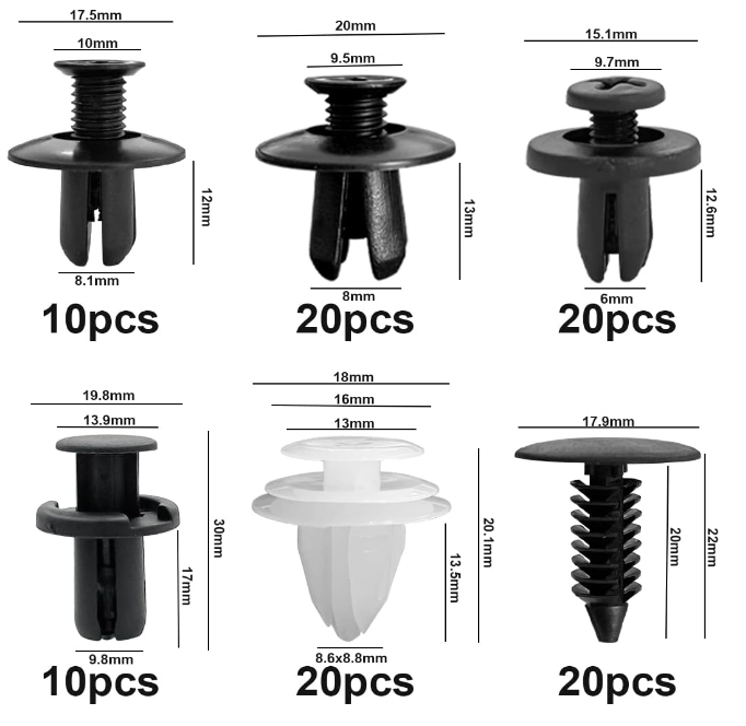 Lot 100 clips de retenue de voiture de 6 tailles